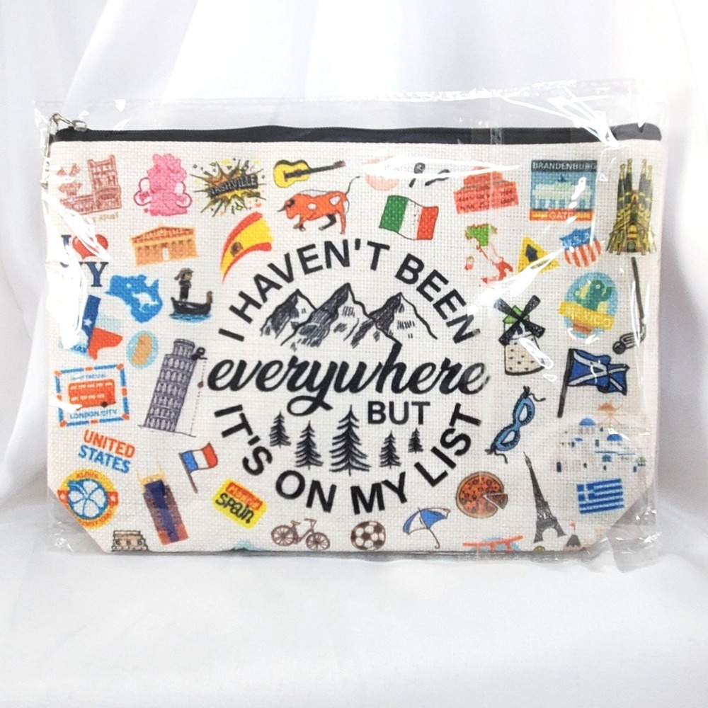 Travel-Themed Cosmetic Pouch "I Haven't Been Everywhere But Its On My List"